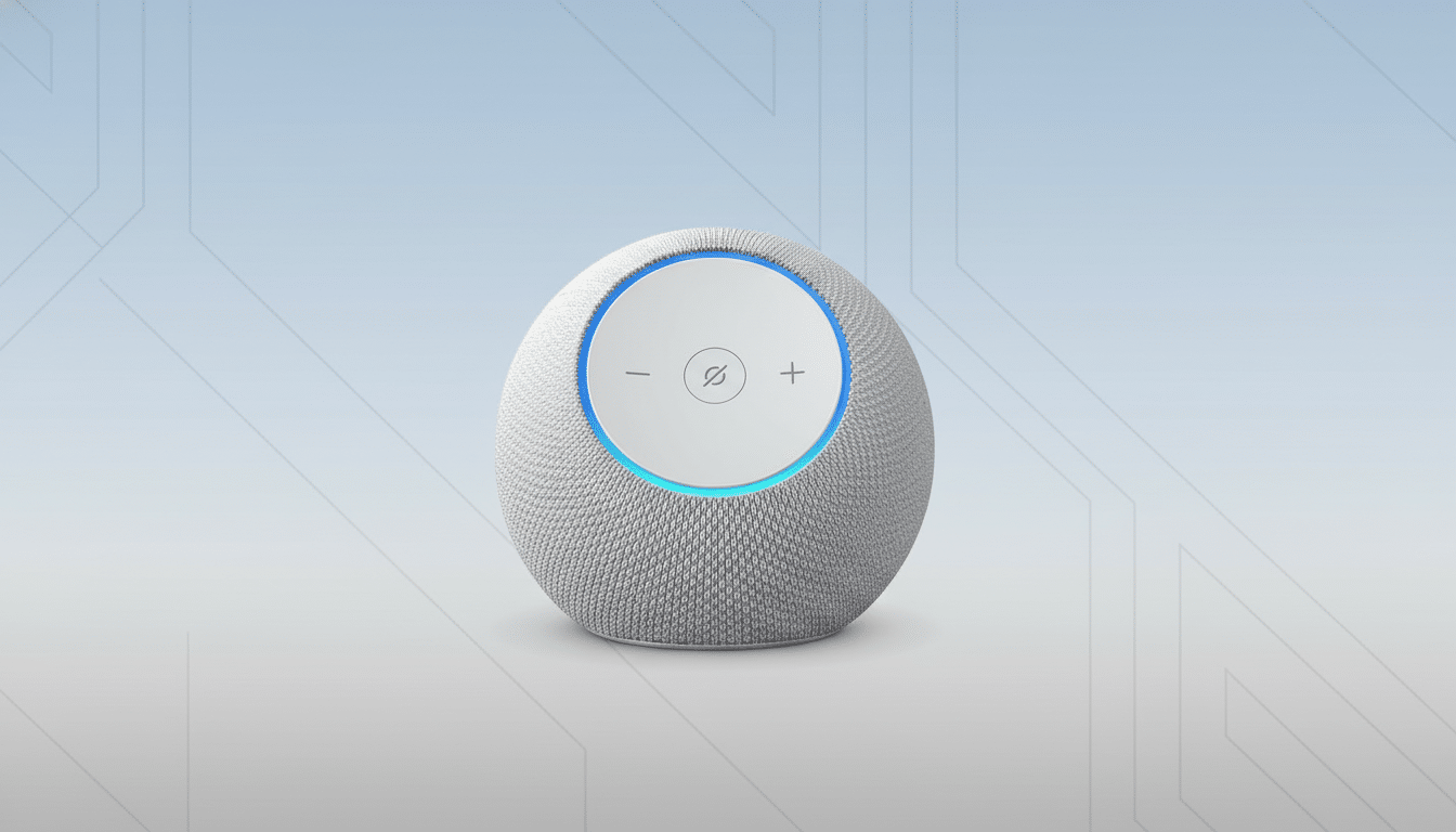 A white, spherical smart speaker with a glowing blue light ring and control buttons on top, set against a professional light blue and white gradient background with subtle geometric patterns.