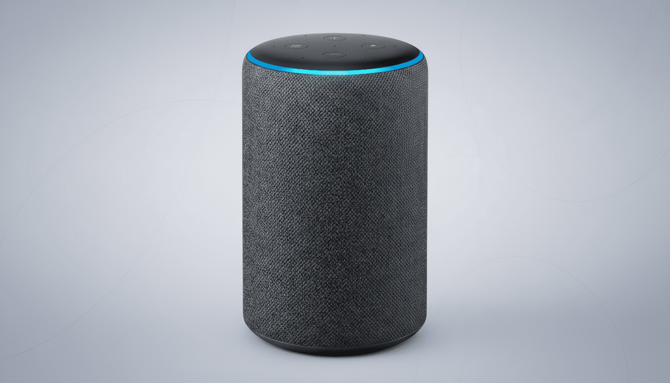 A dark gray Amazon Echo speaker with a glowing blue light ring at the top, presented on a professional light gray background with subtle wave patterns.