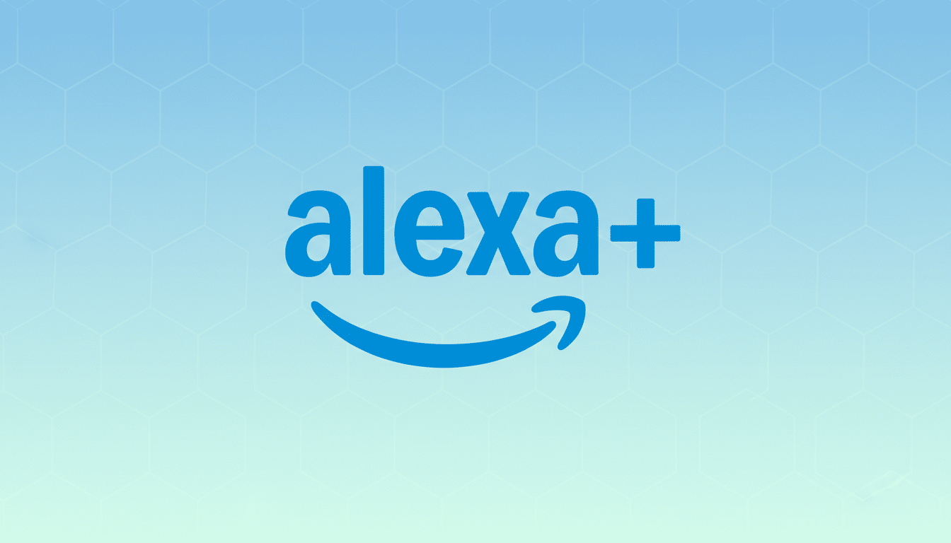 The Alexa+ logo, featuring the word alexa in blue lowercase letters followed by a blue plus sign, with a blue Amazon smile logo underneath, all set against a light blue gradient background with a subtle hexagonal pattern.