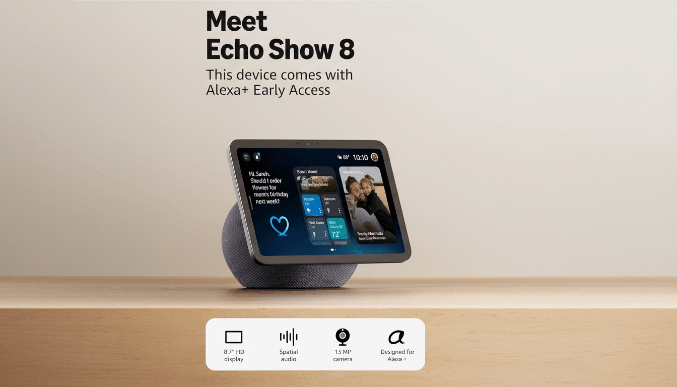 An Amazon Echo Show 8 device displayed on a wooden surface with a light gray background. The screen shows a smart home interface and a photo of a child with an adult. Below the device are icons and text highlighting its features: 8.7 HD display, spatial audio, 13 MP camera, and Designed for Alexa +.