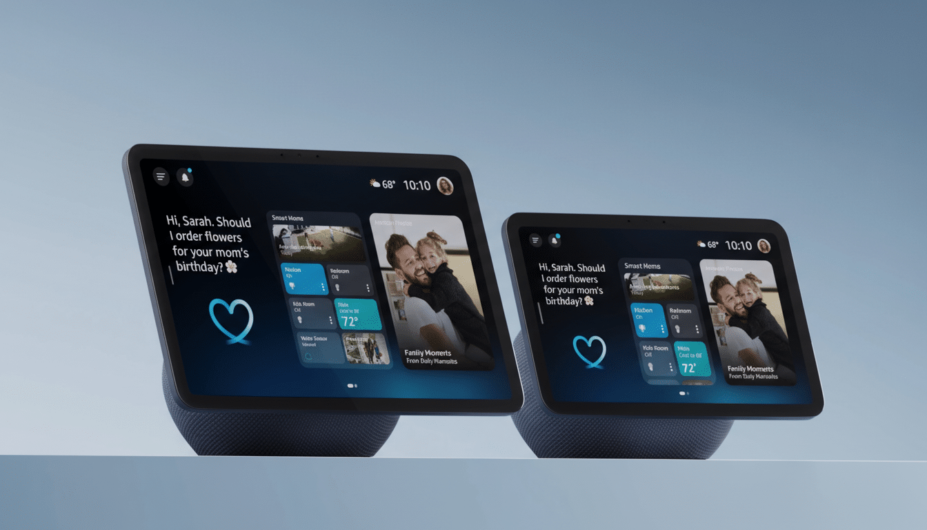 Two smart displays showing a smart home interface with a question about ordering flowers for a birthday, and family photos.