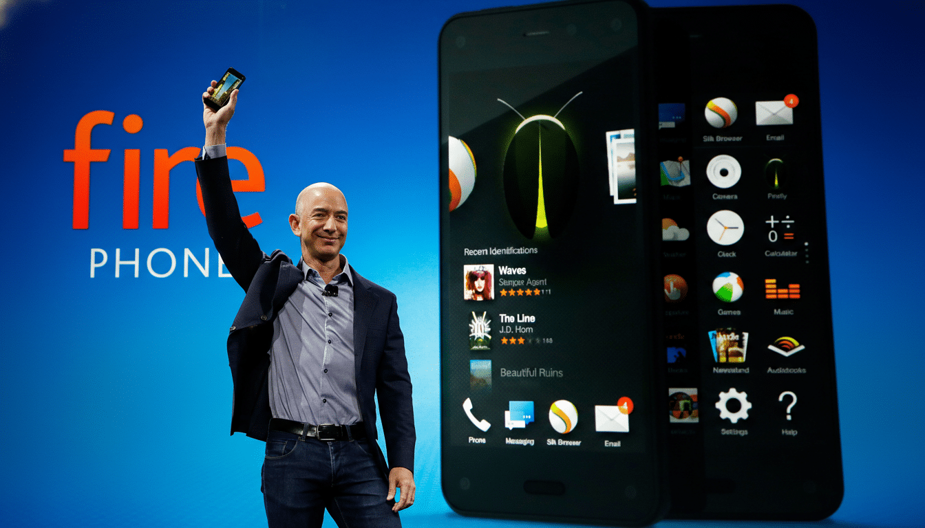 Jeff Bezos holding up an Amazon Fire Phone on stage with a large Fire Phone logo and two large images of the phones screen in the background.