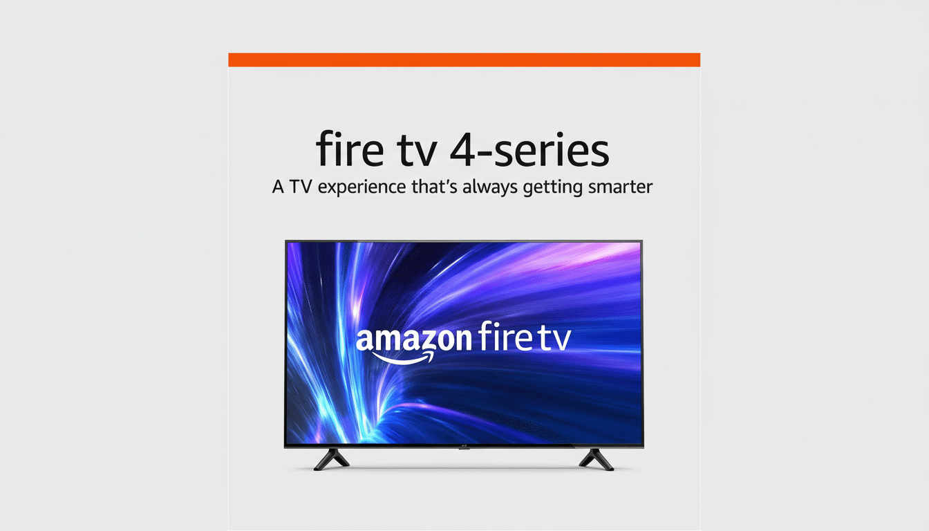 A Fire TV 4-series television with the Amazon Fire TV logo on the screen, set against a light gray background with an orange bar at the top.