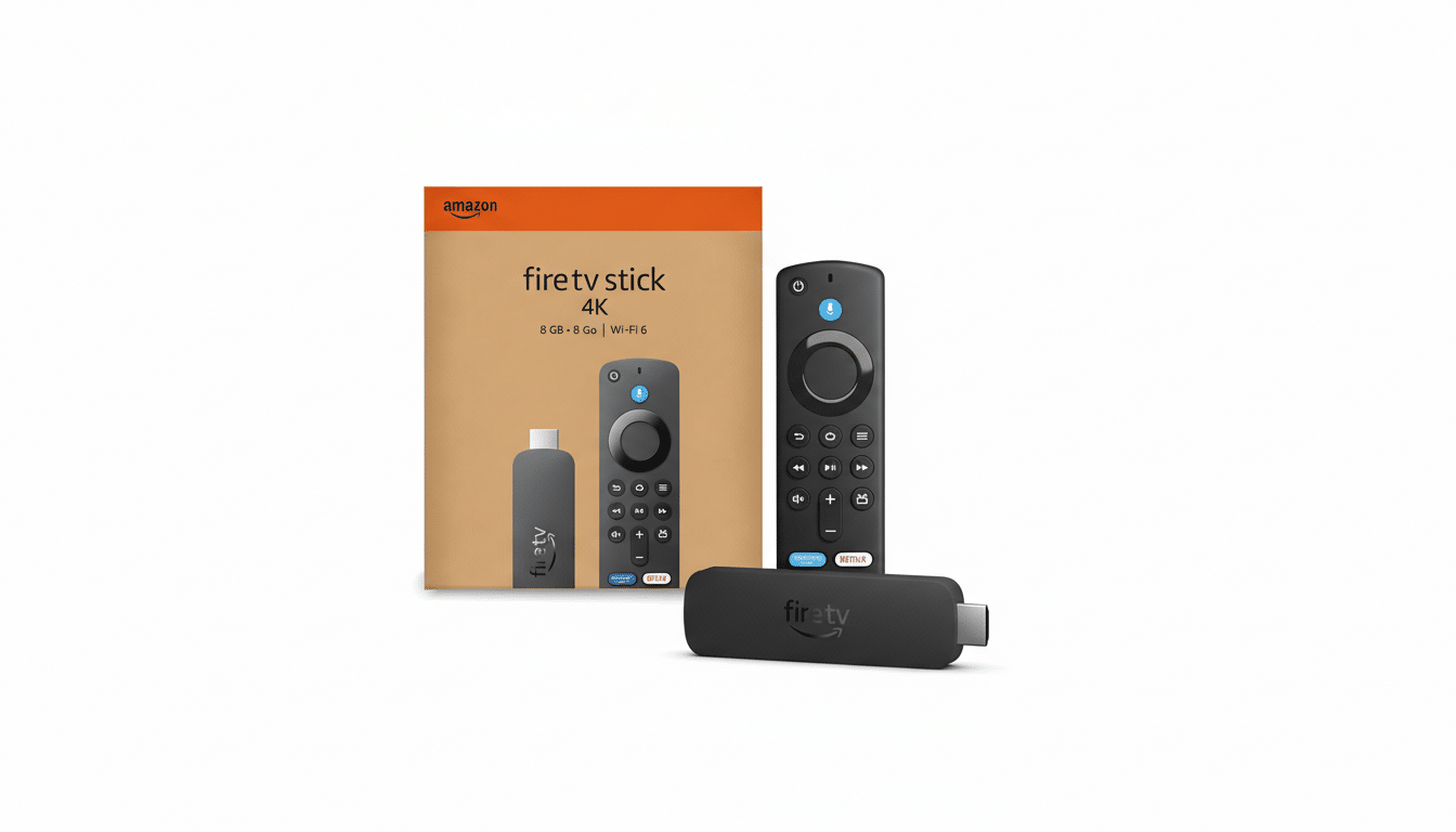 A 16:9 aspect ratio image of an Amazon Fire TV Stick 4K, its remote, and its packaging, presented on a clean white background.