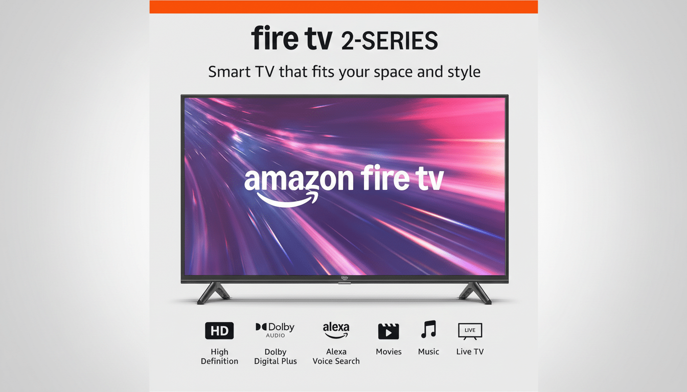 A 16:9 aspect ratio image of a Fire TV 2-Series smart TV with amazon fire tv displayed on its screen, set against a professional flat design background with soft patterns.
