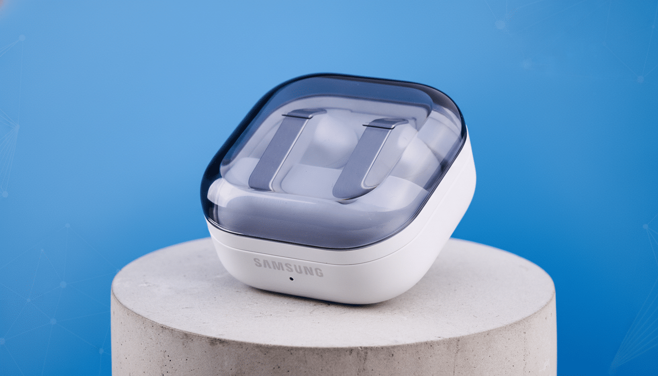 A white Samsung earbud case with a translucent dark lid, sitting on a light gray cylindrical pedestal against a blue background with subtle geometric patterns.