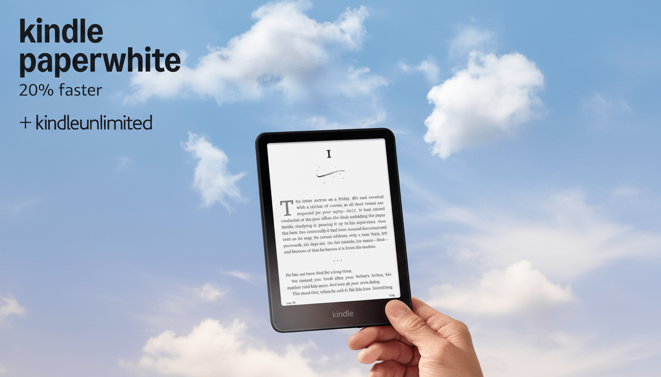 A hand holding a Kindle Paperwhite e-reader with text on the screen, set against a blue sky with clouds. The top left corner features the text kindle paperwhite 20% faster + kindleunlimited.
