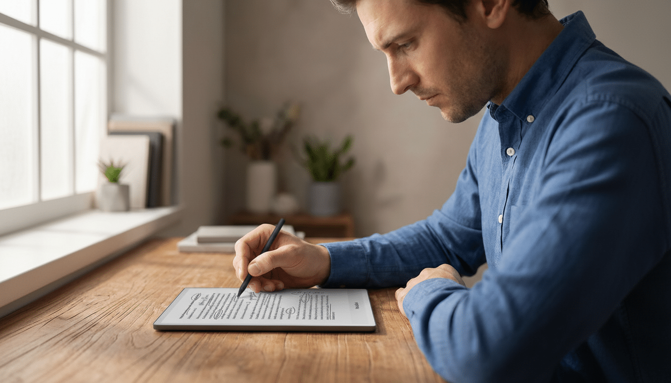 A man in a blue shirt sits at a wooden desk, intently writing on a digital tablet with a stylus. The tablet displays text with handwritten notes and highlights.