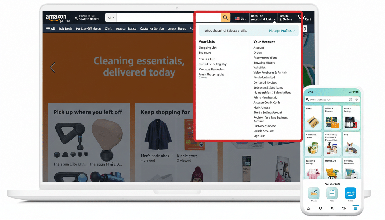 A laptop displaying the Amazon website with a dropdown menu open, and a smartphone showing the Amazon app interface.