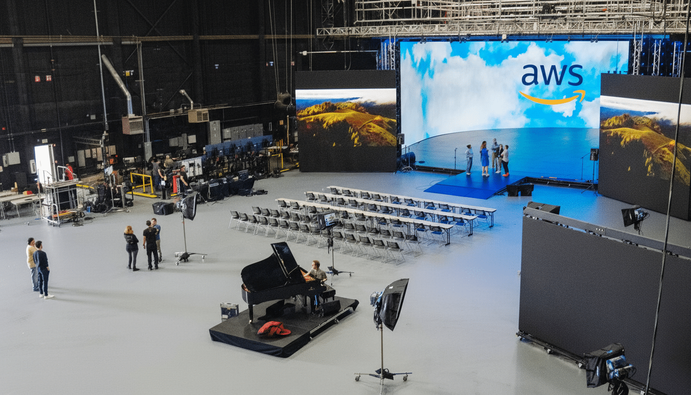 An overhead view of a large studio space set up for an event, featuring a stage with an AWS logo on a large screen, rows of chairs, a grand piano, and several people.