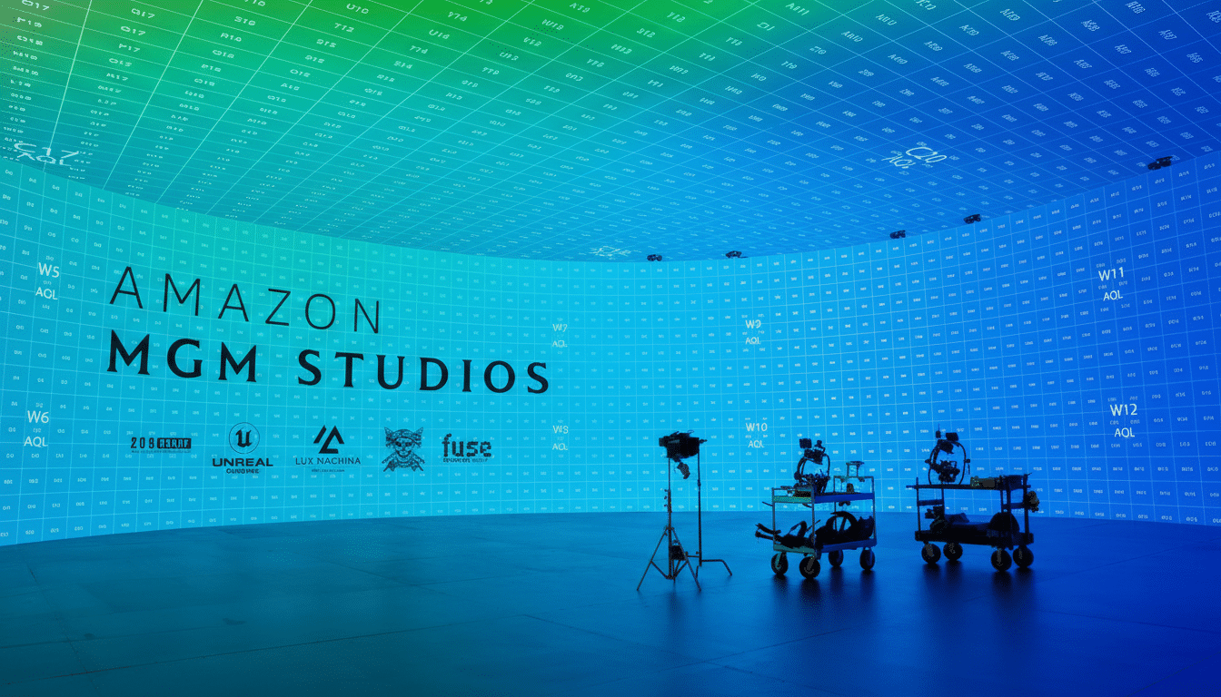 A wide shot of the Amazon MGM Studios virtual production stage, featuring a large curved LED screen displaying a grid pattern and various production equipment on the floor.