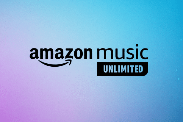 The Amazon Music Unlimited logo is displayed on a background with a blue and purple gradient.
