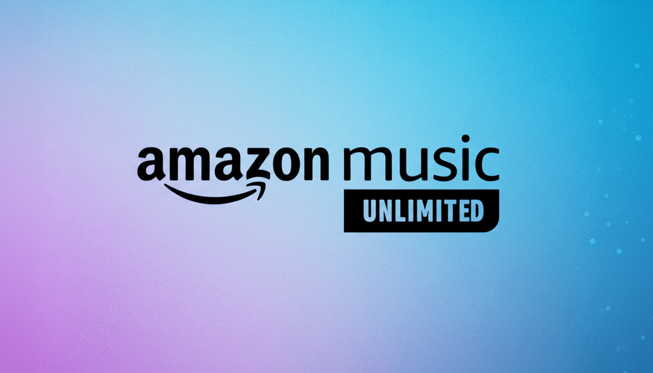 The Amazon Music Unlimited logo is displayed on a background with a blue and purple gradient.