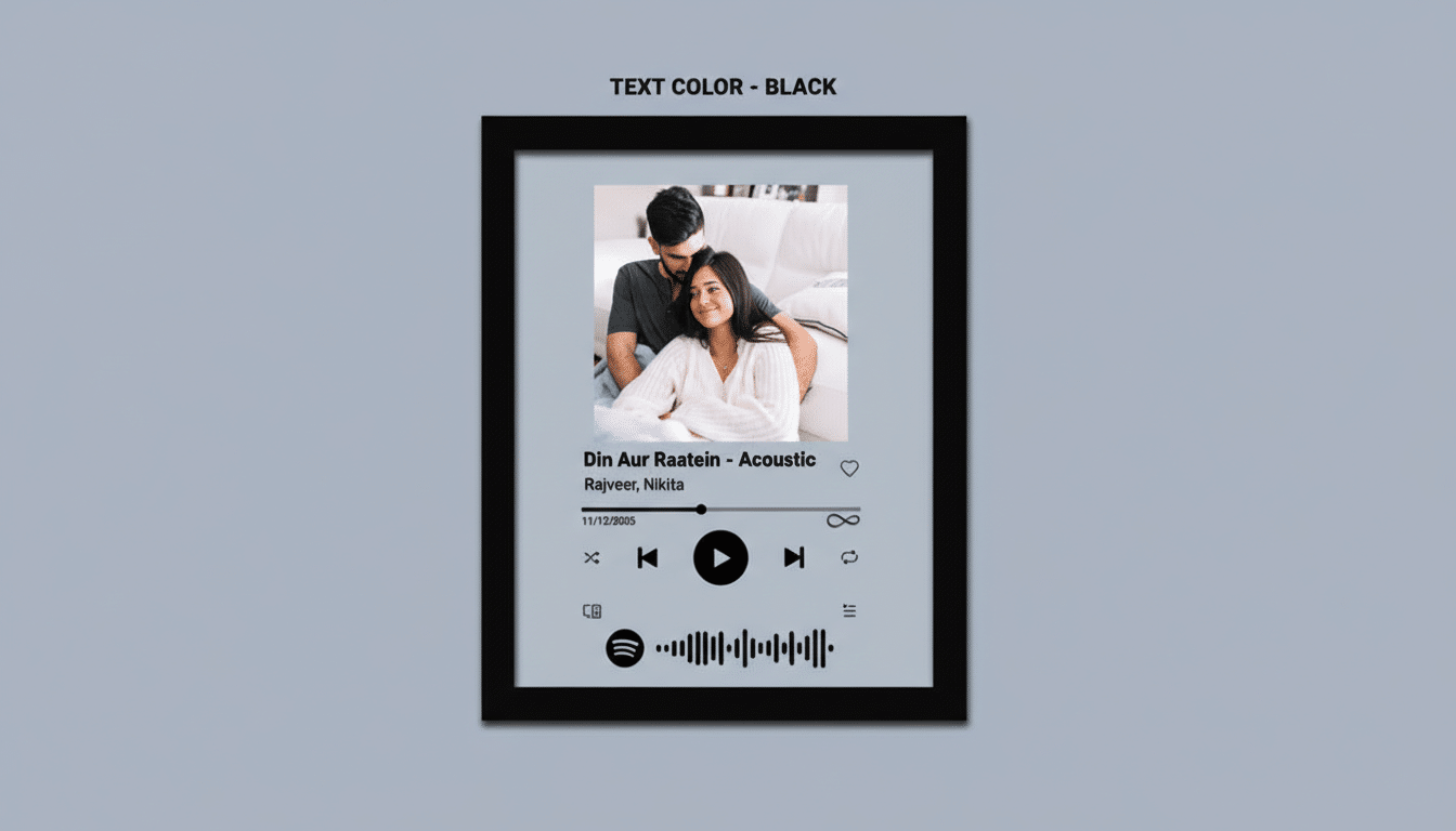 A framed image of a couple with a Spotify music player interface overlay, set against a gray background.