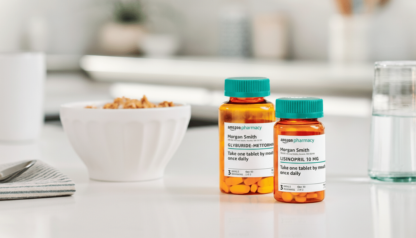 Two Amazon Pharmacy prescription bottles, one for Glyburide-Metformin and one for Lisinopril, sit on a white counter next to a bowl of cereal and a glass of water.