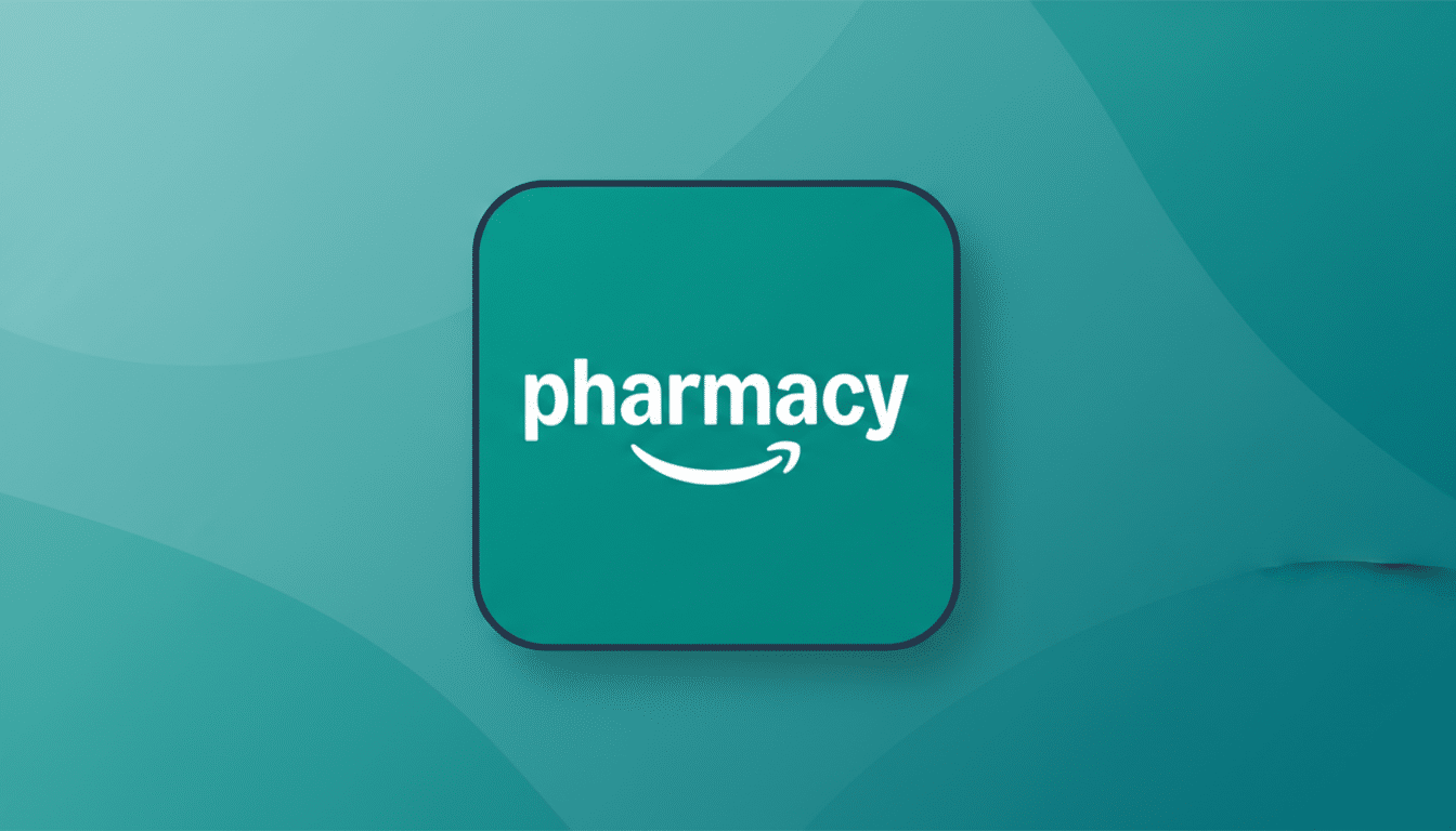 The Amazon Pharmacy app icon, featuring the word pharmacy in white with the Amazon smile logo underneath, centered on a teal background, now presented on a professional 16:9 aspect ratio background with soft teal gradients and subtle wave patterns.