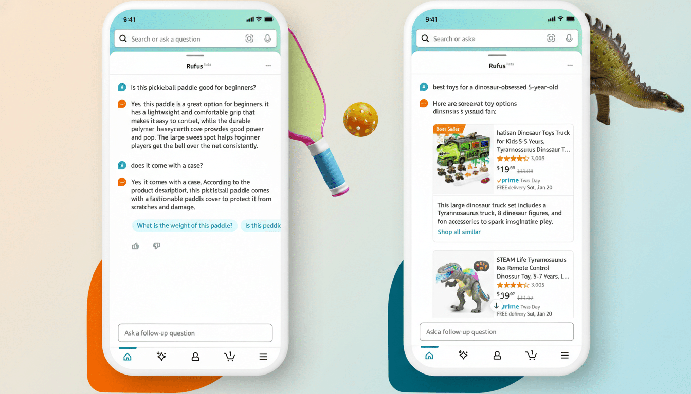 A 16:9 aspect ratio image showing two smartphone screens displaying an Amazon-like interface. The left screen shows a product description for a pickleball paddle, and the right screen shows search results for dinosaur toys.