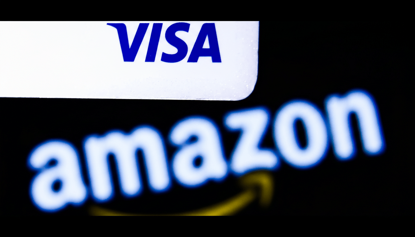 A close-up shot of a white Visa card with the blue VISA logo, partially obscuring a blurred amazon logo with its signature yellow arrow on a dark background.