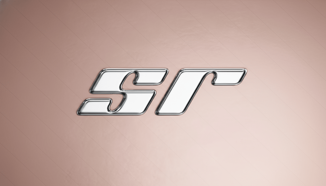 A chrome SR logo on a rose gold background, resized to a 16:9 aspect ratio.
