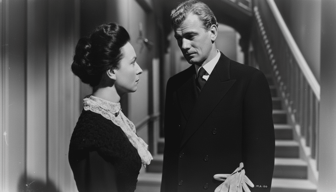 A black and white film still showing a woman in a dark dress with a lace collar looking at a man in a suit holding gloves.