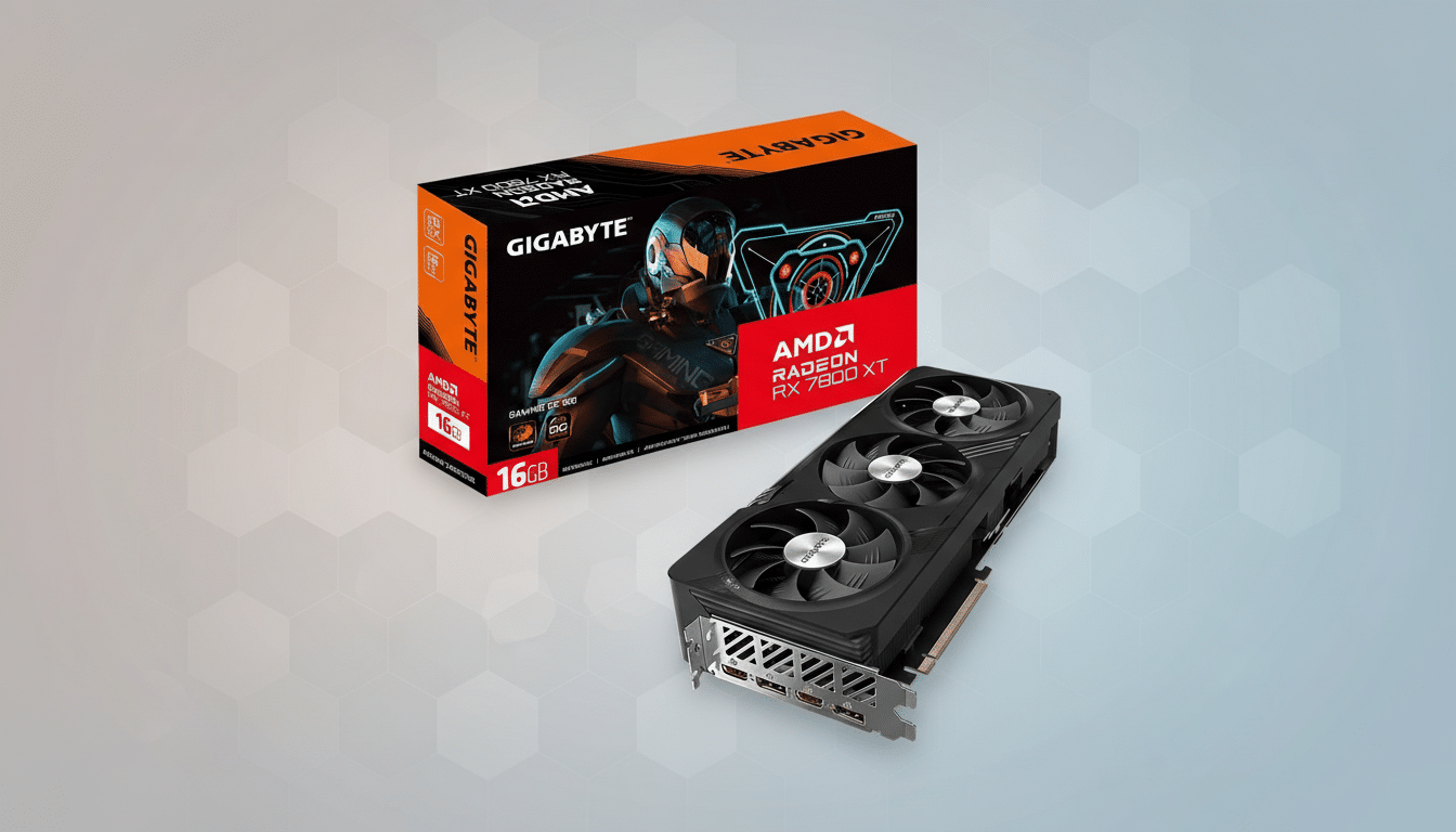A Gigabyte AMD Radeon RX 7800 XT graphics card and its retail box are displayed on a professional flat design background with soft patterns and gradients.