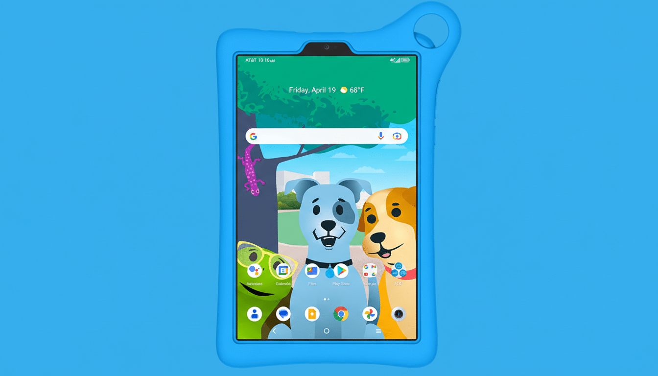 A blue tablet with a cartoon wallpaper of dogs and a lizard, set against a professional blue background.