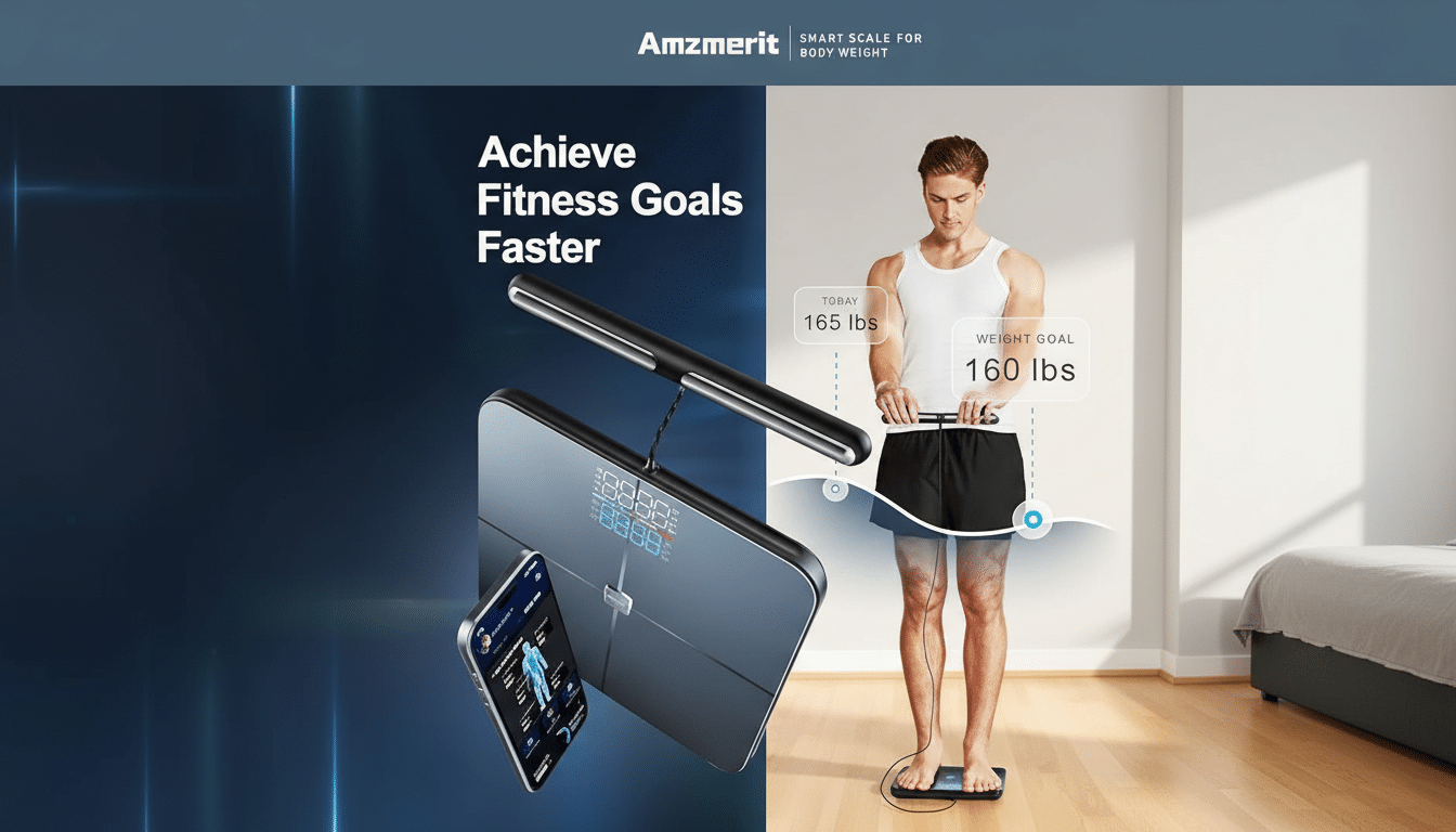 A man standing on a smart scale, with a digital display showing his current weight and weight goal, alongside a smartphone displaying fitness data.