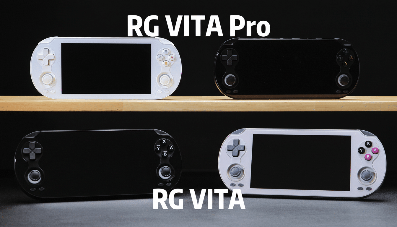 A 16:9 aspect ratio image showcasing four handheld gaming consoles, two labeled RG VITA Pro and two labeled RG VITA, presented on a dark background with a wooden shelf separating the top and bottom pairs.