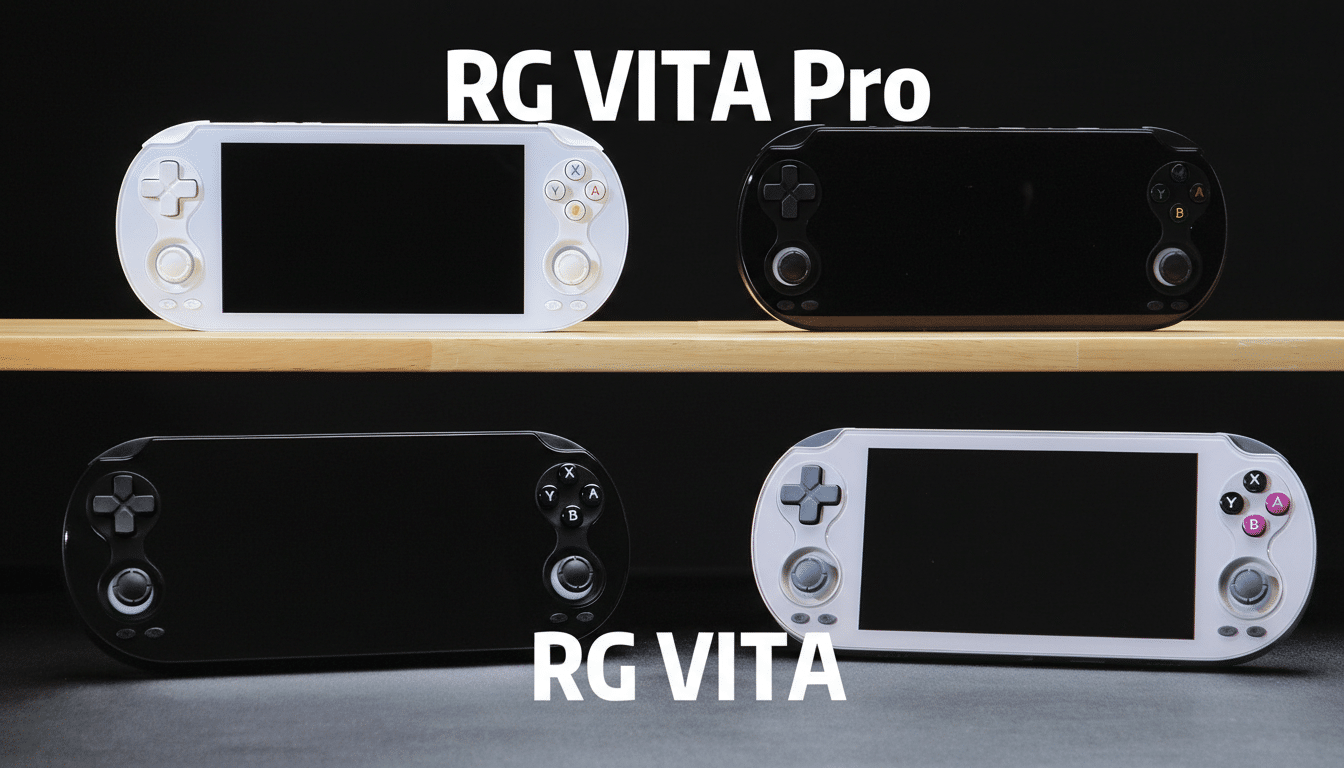 A 16:9 aspect ratio image showcasing four handheld gaming consoles, two labeled RG VITA Pro and two labeled RG VITA, presented on a dark background with a wooden shelf.