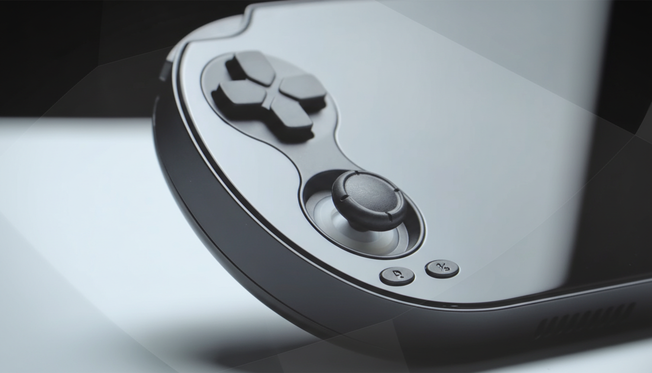 A close-up, professional shot of a sleek, black handheld gaming device with a directional pad and an analog stick, presented in a 16:9 aspect ratio with a subtle geometric pattern overlay on a soft gradient background.