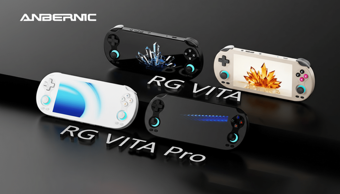 Four Anbernic RG Vita and RG Vita Pro handheld gaming consoles displayed on a dark, reflective surface.