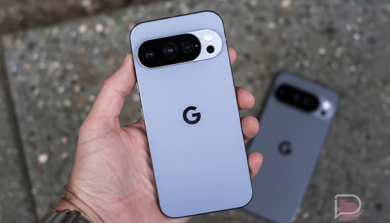 A hand holding a light blue Google Pixel phone with a prominent camera bar, with another Pixel phone slightly out of focus in the background.