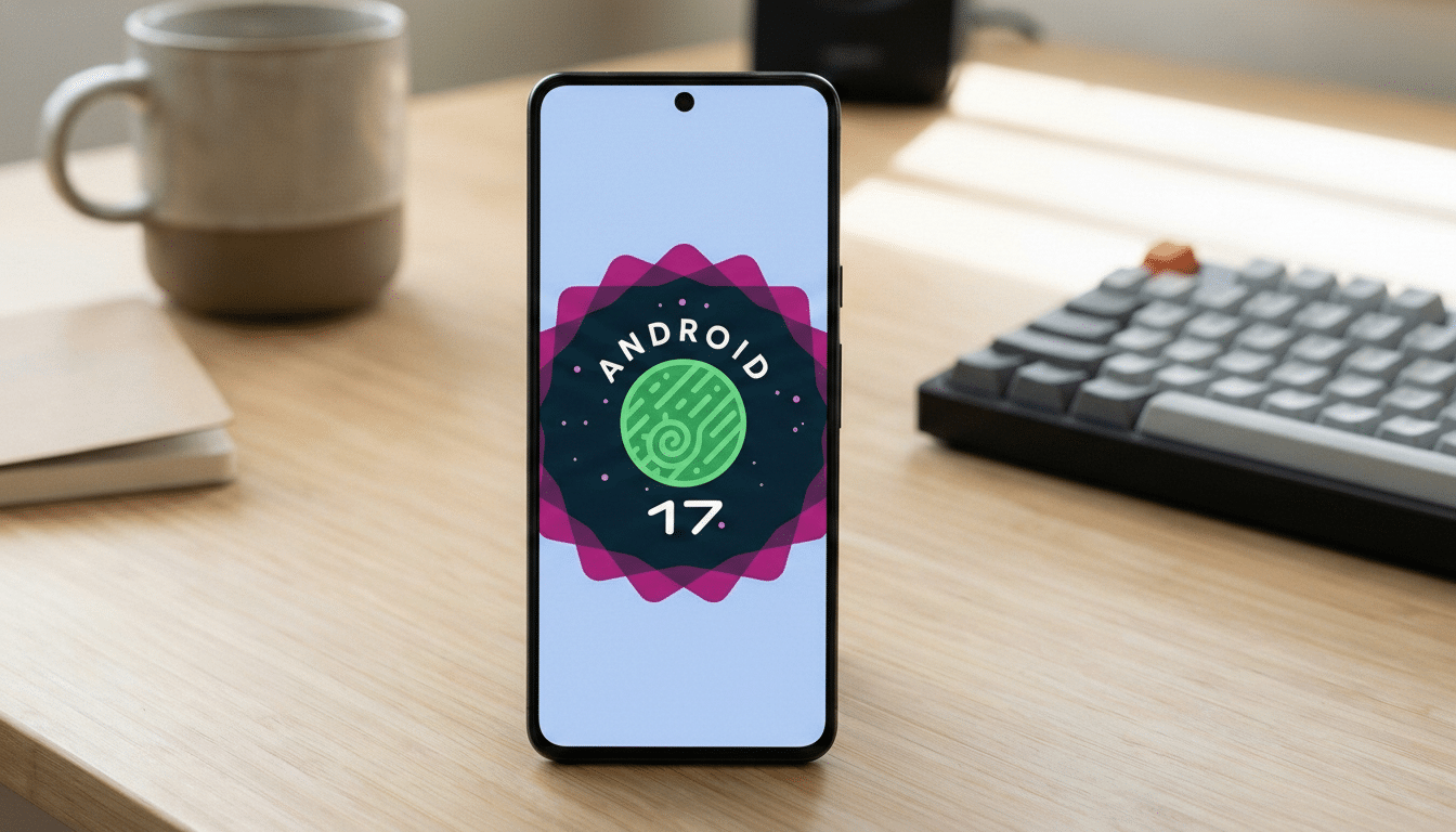 A smartphone displaying the Android 17 logo on its screen, placed on a wooden desk next to a coffee mug and a keyboard.