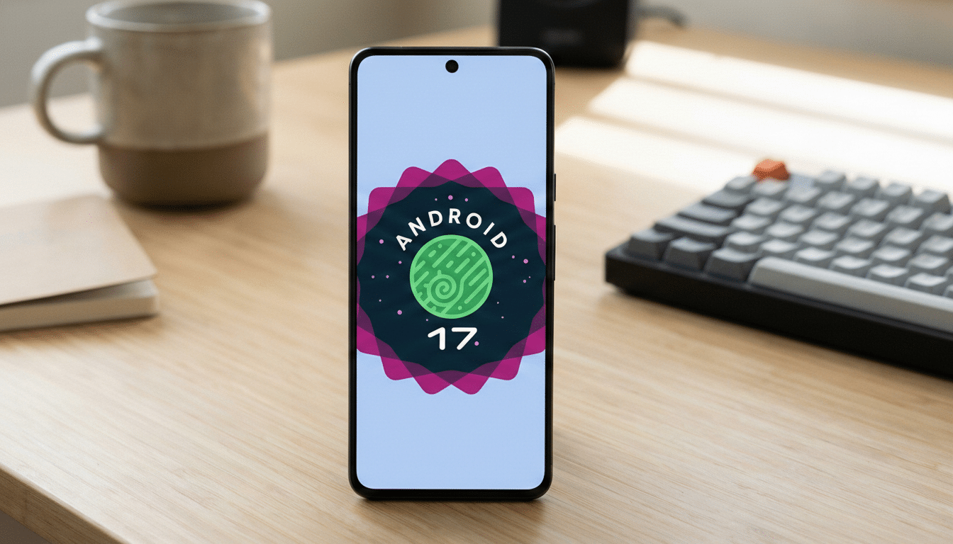 A smartphone displaying the Android 17 logo on its screen, placed on a wooden desk next to a coffee mug and a keyboard.