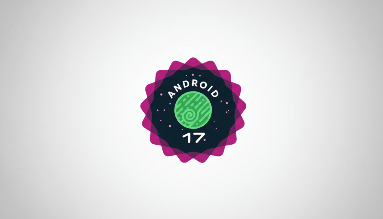 The Android 17 logo, a dark teal circle with ANDROID at the top and 17. at the bottom, featuring a green stylized snail shell in the center, all enclosed within a jagged purple and pink starburst shape, set against a professional light gray gradient background.
