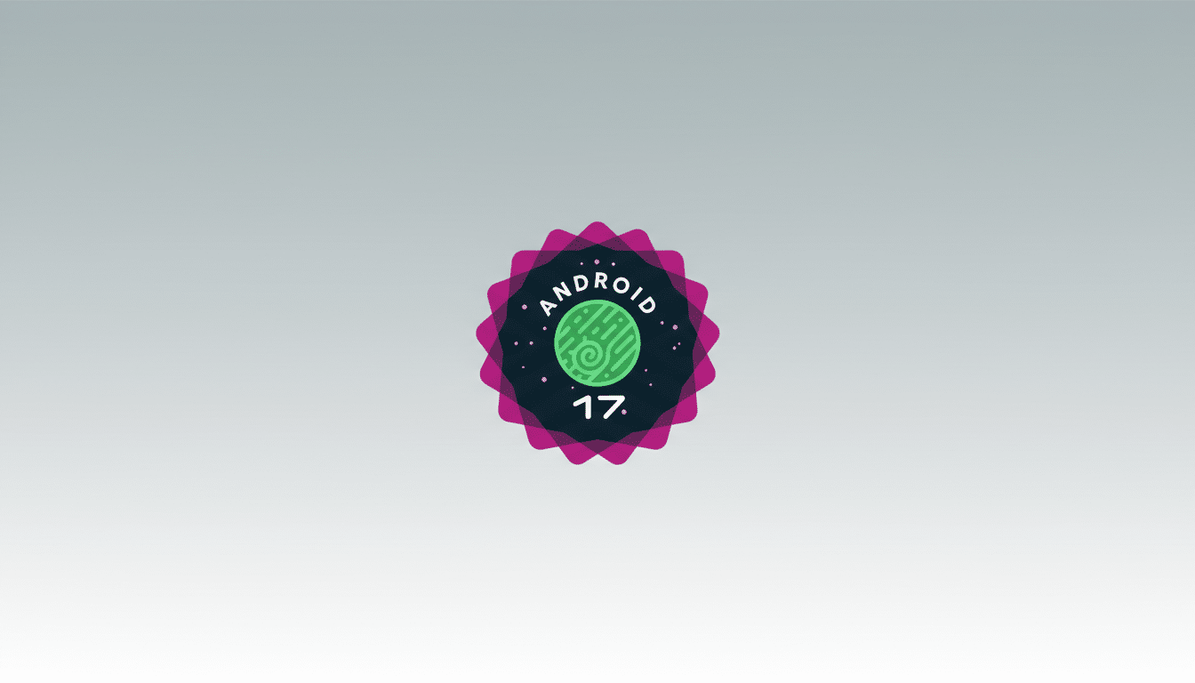 The Android 17 logo, featuring a green circle with a stylized snail shell design and the text ANDROID 17 in white, centered on a professional flat gray gradient background.