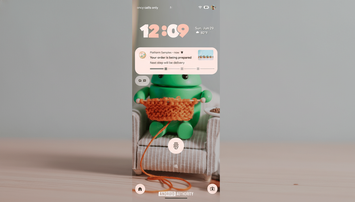 A smartphone screen displaying the lock screen with a notification, featuring a green Android robot knitting in the background.
