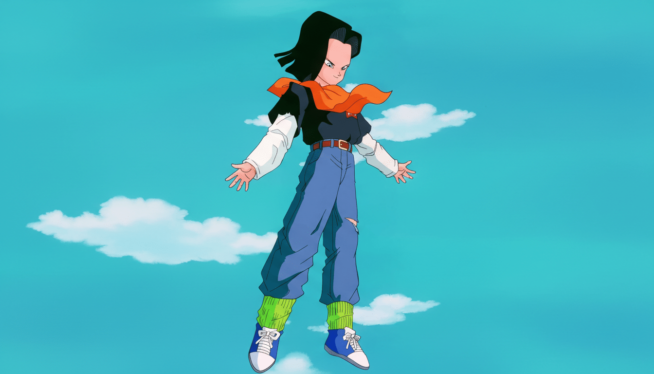 Android 17 from Dragon Ball Z, floating against a blue sky with white clouds, resized to a 16:9 aspect ratio.