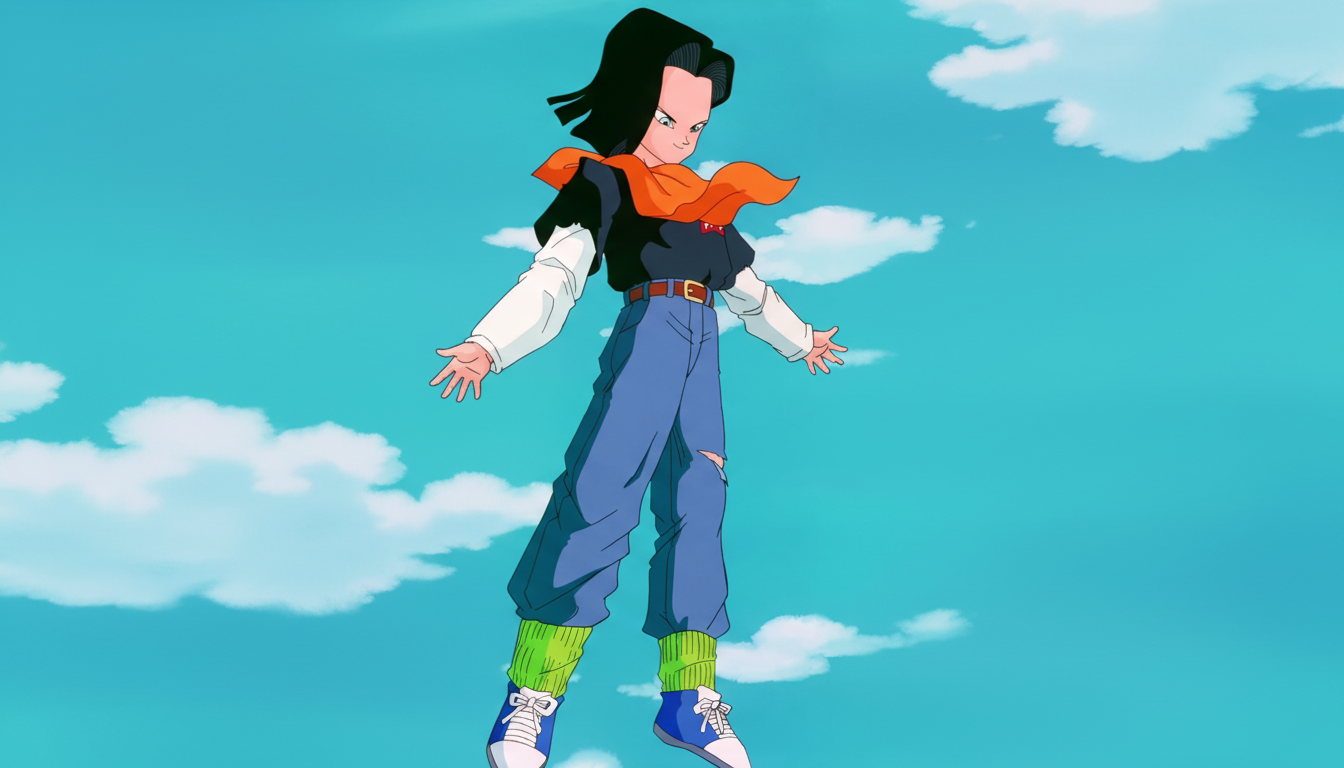 An enhanced, 16:9 aspect ratio image of Android 17 from Dragon Ball Z, floating against a blue sky with white clouds.
