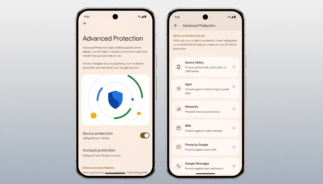 Two smartphone screens displaying Advanced Protection settings, with the left screen showing an overview and a shield icon, and the right screen detailing various protection features like Device Safety, Apps, Networks, Web, Phone by Google, and Google Messages.