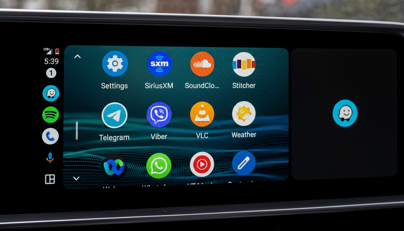 A cars infotainment screen displaying various app icons, including Settings, SiriusXM, SoundCloud, Stitcher, Telegram, Viber, VLC, and Weather, with a smaller app icon on the right side of the screen.