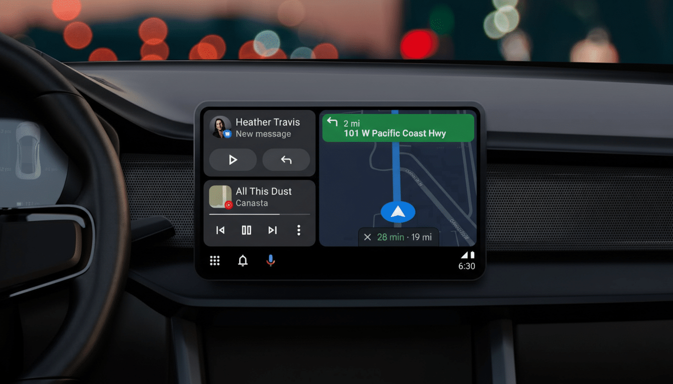 A cars dashboard with a screen displaying navigation and music, resized to a 16:9 aspect ratio.