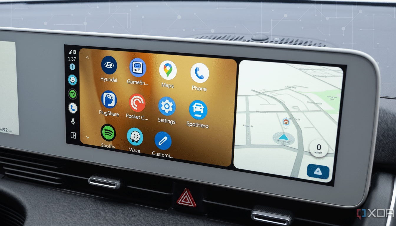 A cars infotainment system displaying Android Auto with various app icons and a map on the right side, resized to a 16:9 aspect ratio with a subtle circuit board pattern in the background.
