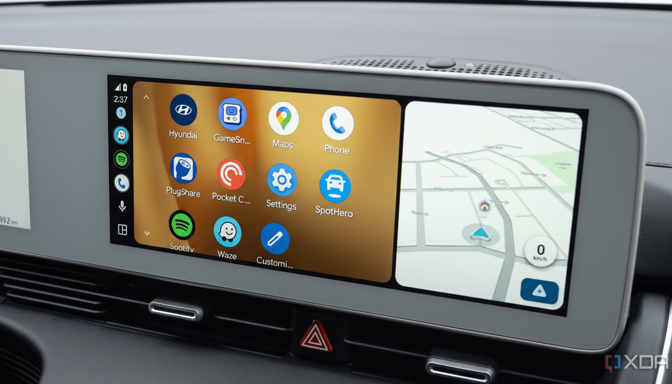 A cars infotainment system displaying Android Auto with various app icons and a map on the right side.