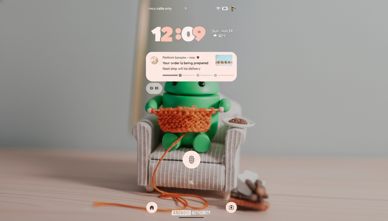A 16:9 aspect ratio image of an Android figurine knitting, with a notification overlay and the time 12:09 displayed.