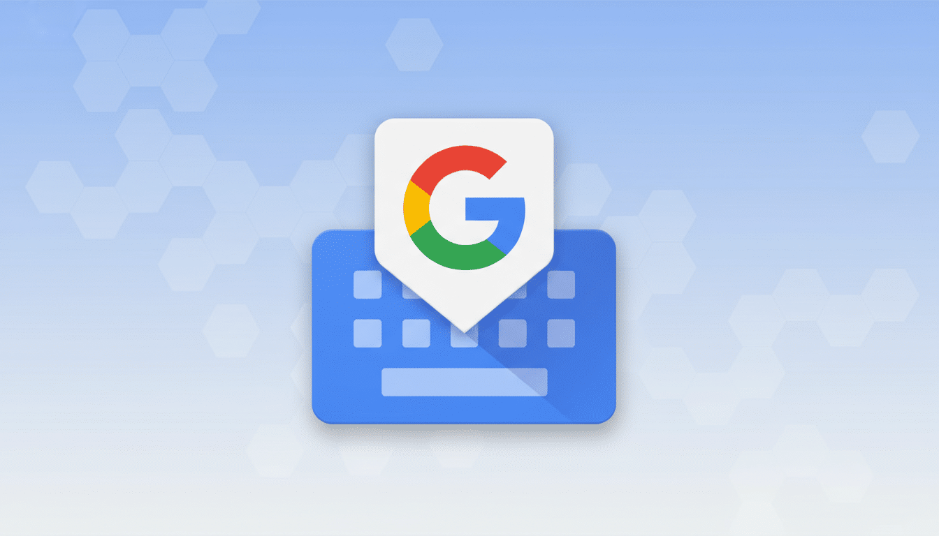 The Gboard app icon, featuring a blue keyboard with a white speech bubble containing the Google G logo, set against a professional light blue background with subtle hexagonal patterns.
