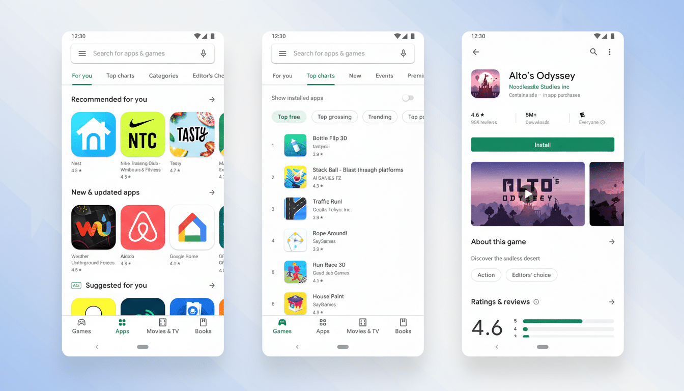 A professional, enhanced image of three mobile phone screens displaying different sections of an app store, resized to a 16:9 aspect ratio.