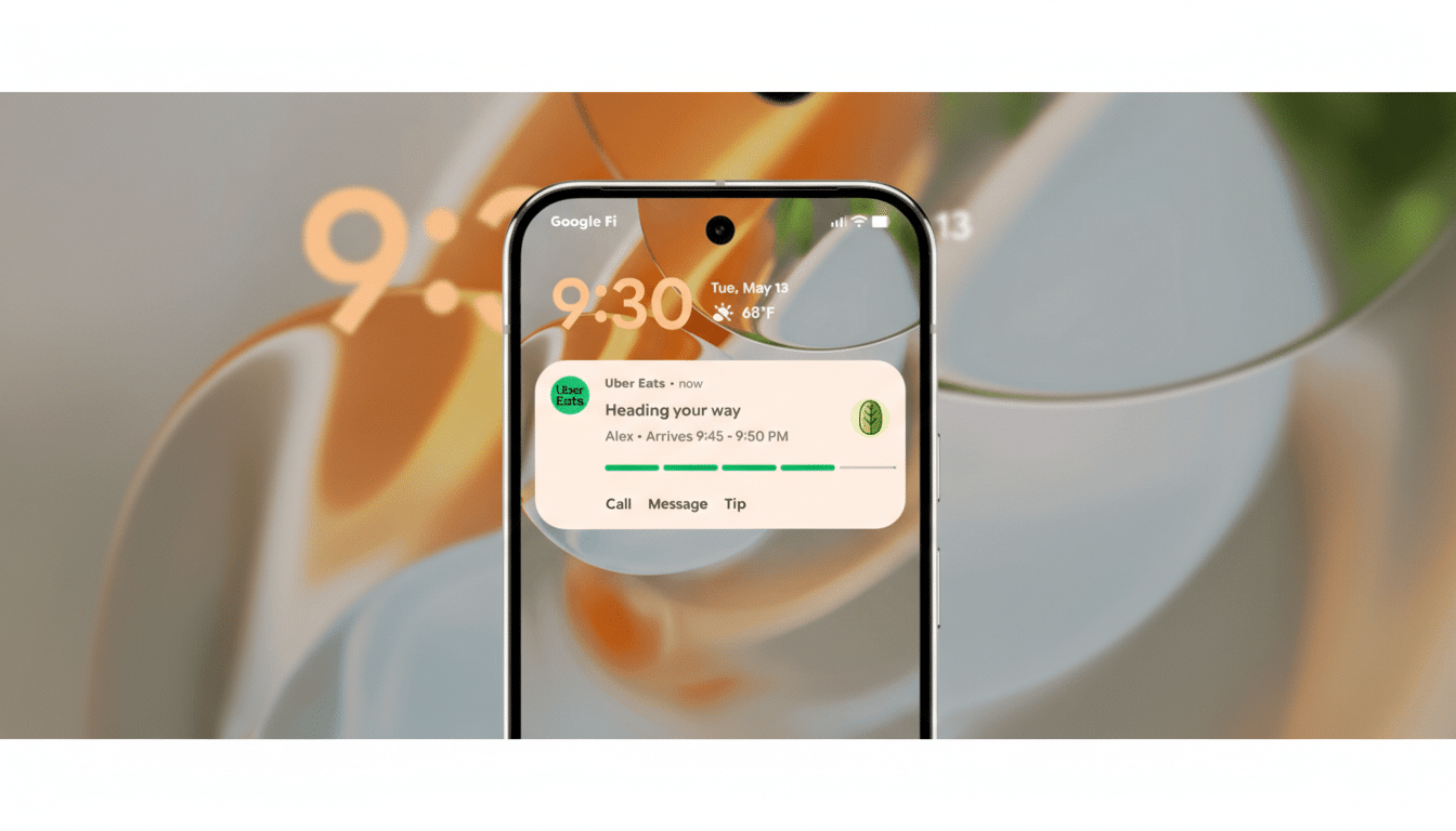 A smartphone displaying an Uber Eats notification on its screen, set against a blurred background that matches the phones wallpaper.