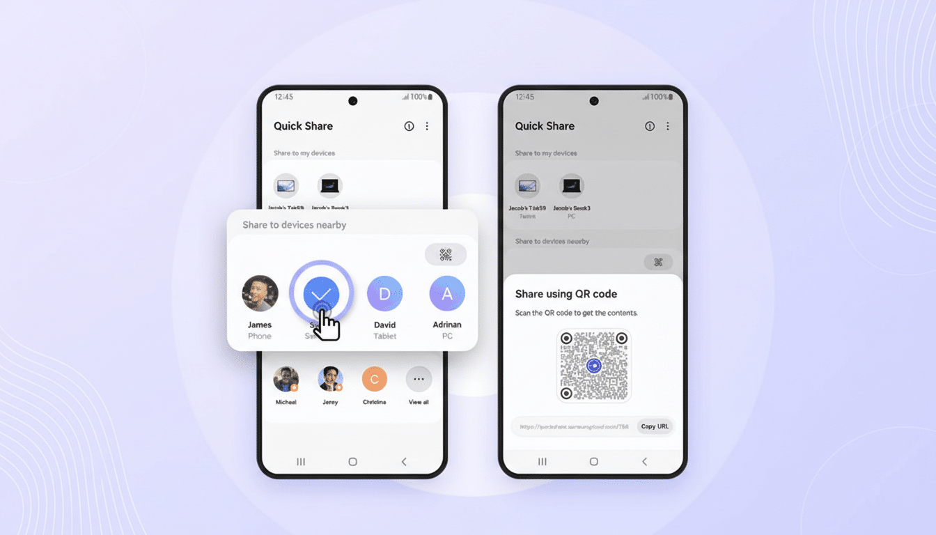 Two Samsung phones demonstrating the Quick Share feature, with one showing nearby devices and the other displaying a QR code for sharing.