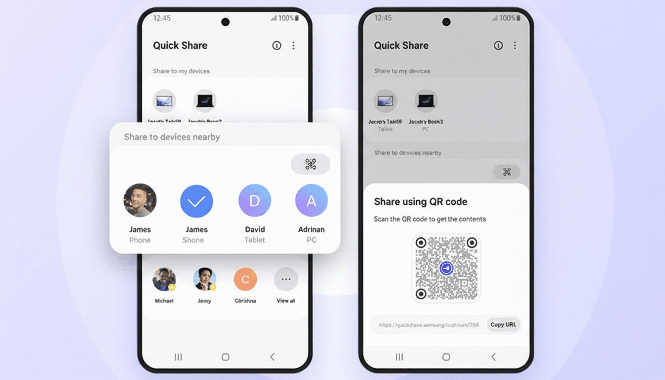Two smartphones displaying the Quick Share feature, with one showing options to share to nearby devices and the other showing a QR code for sharing.